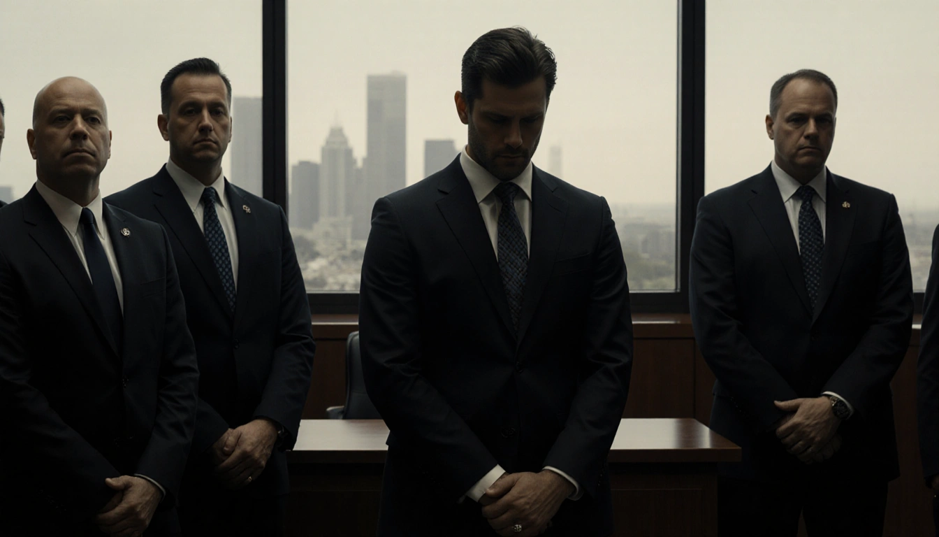 Nick Reiner standing in a dim courtroom with judge