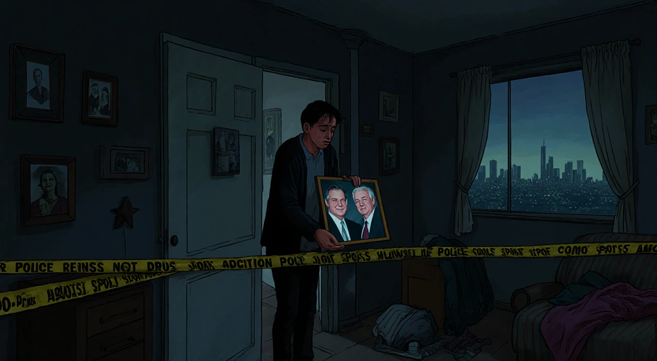 Nick Reiner holding a family photo with grief on his face and police tape near the doorway