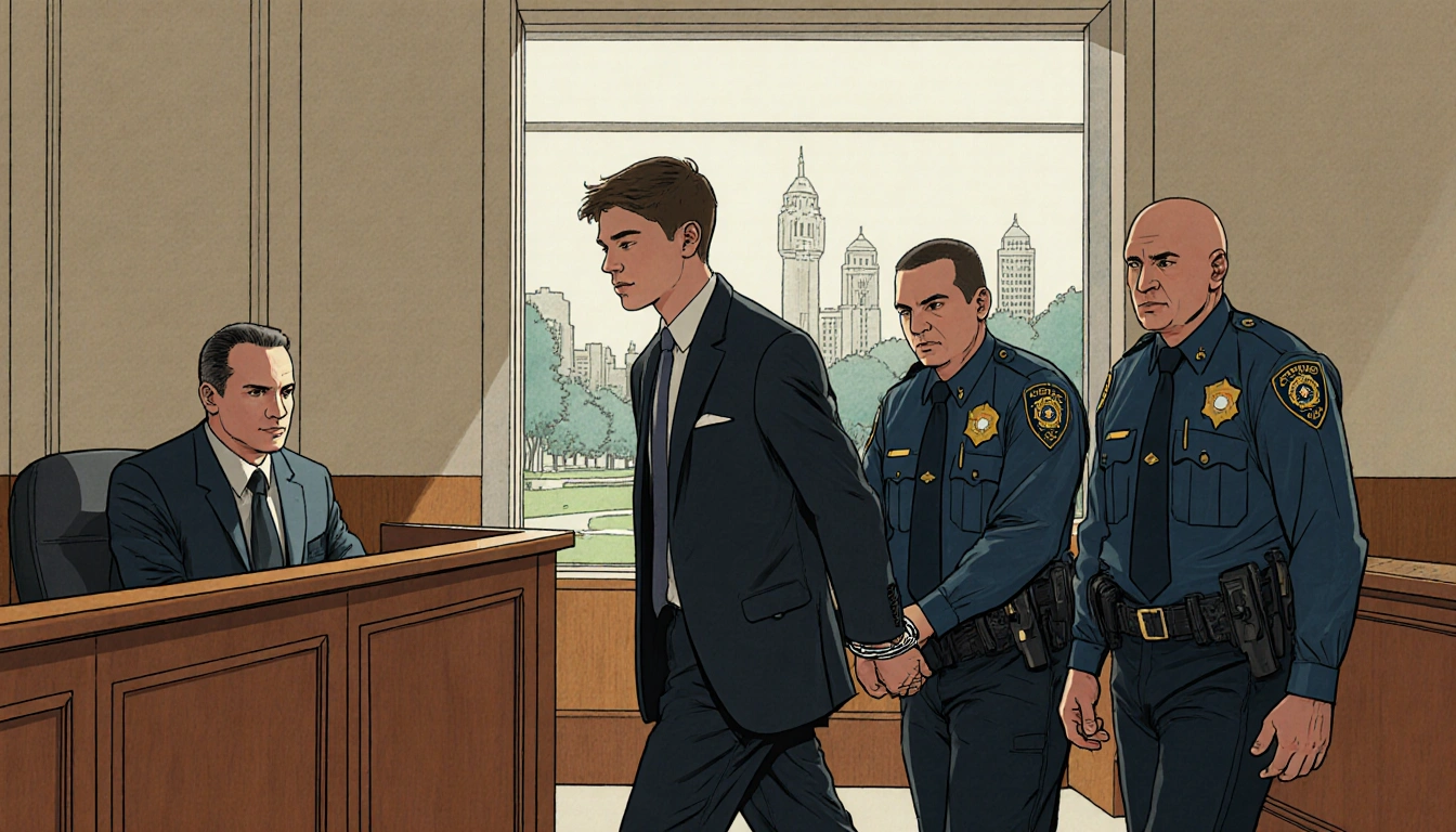 Young man in suit being escorted out of courtroom in handcuffs with judge's bench and distant Exposition Park window.