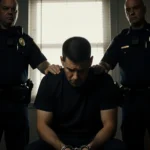 Nick Reiner in handcuffs looks down with anguish as law enforcement stands behind him and a TV screen shows raid footage