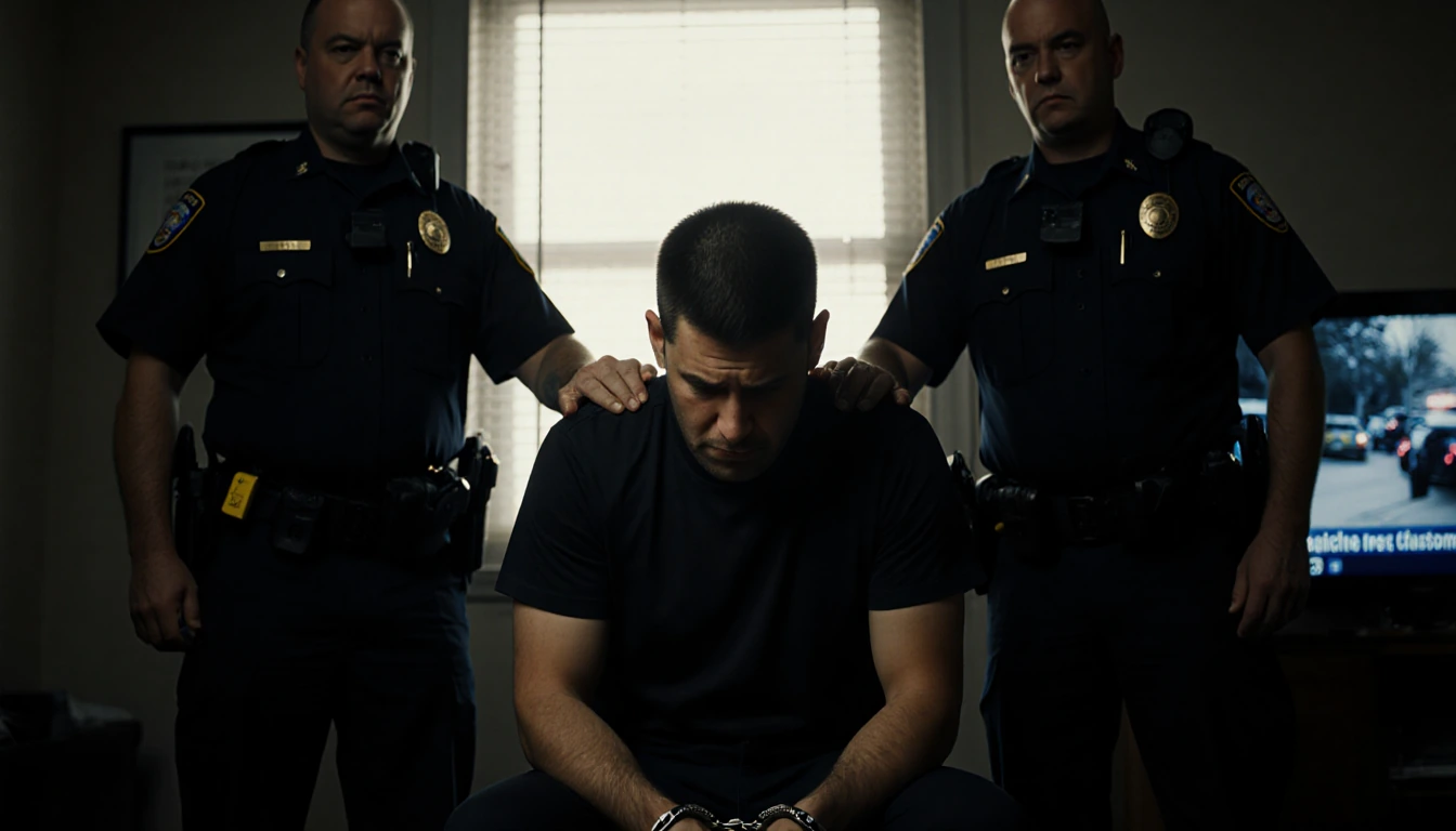 Nick Reiner in handcuffs looks down with anguish as law enforcement stands behind him and a TV screen shows raid footage