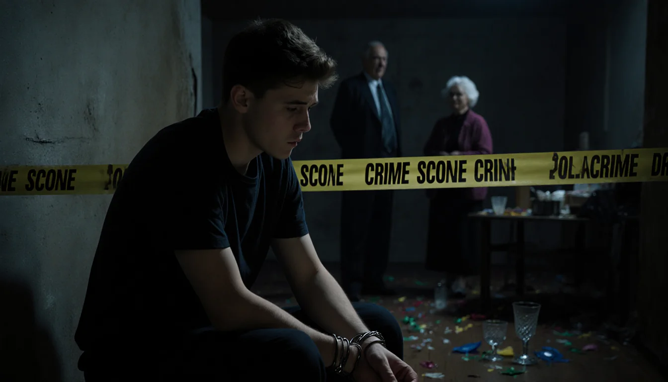 Young man sits handcuffed with police tape surrounding a crime scene and distant fading party decorations.