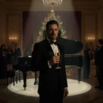 Nick Reiner holding a glass of champagne with a spotlight on him and a grand piano in a distressed holiday party.