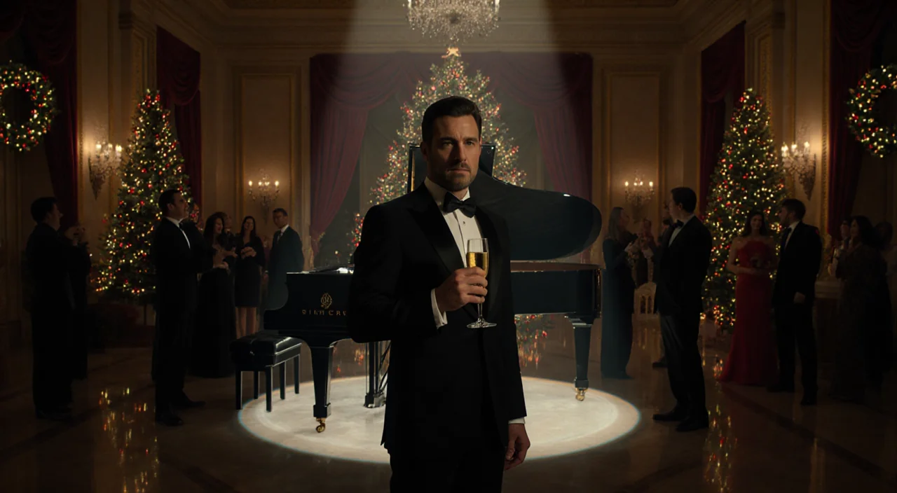 Nick Reiner holding a glass of champagne with a spotlight on him and a grand piano in a distressed holiday party.