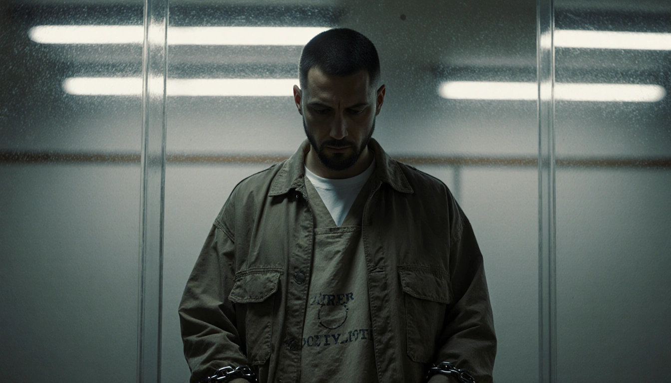 Prisoner Nick Reiner looks down with shackled hands in a courtroom glass wall guilt heavy
