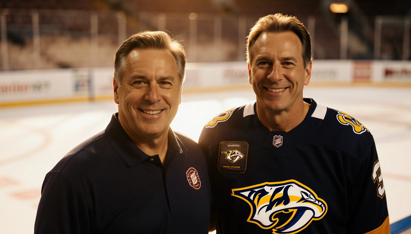 Nick Saban and Bill Haslam standing with a football playbook and a blurred Nashville Predators logo behind them golden light