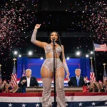 Nicki Minaj raises her hands toward Trump and Vice President with cheering crowd and bright stage lights.
