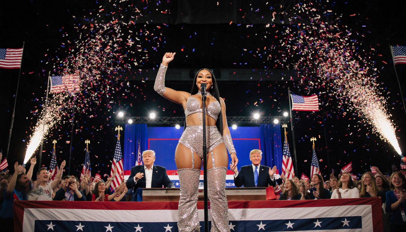 Nicki Minaj raises her hands toward Trump and Vice President with cheering crowd and bright stage lights.