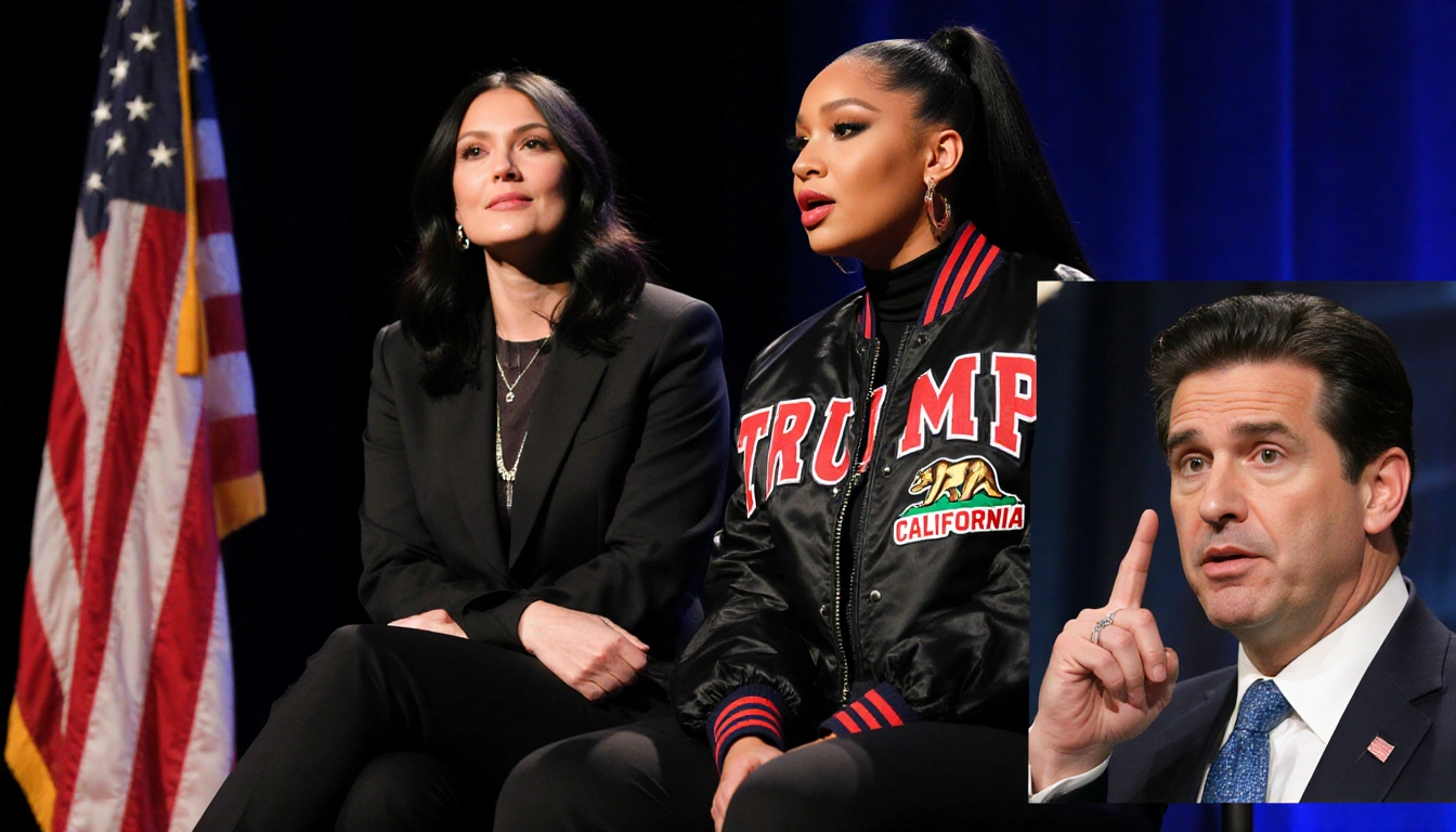 Erika Kirk sits on stage with Nicki Minaj in Trump jacket and a hint of Newsom's face over American flag backdrop