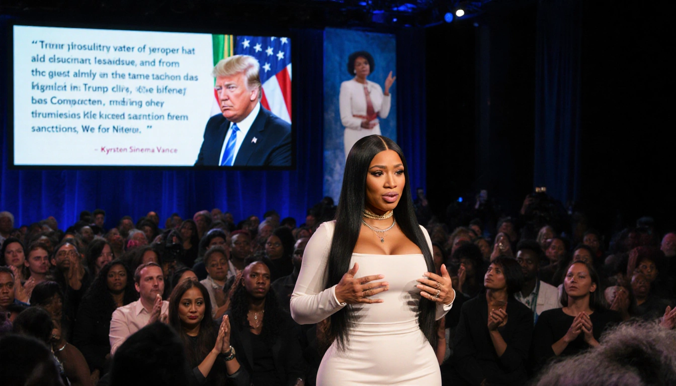 Nicki Minaj speaking at stage with an apologetic expression and a crowd murmuring screen shows Trump sanctions quote.