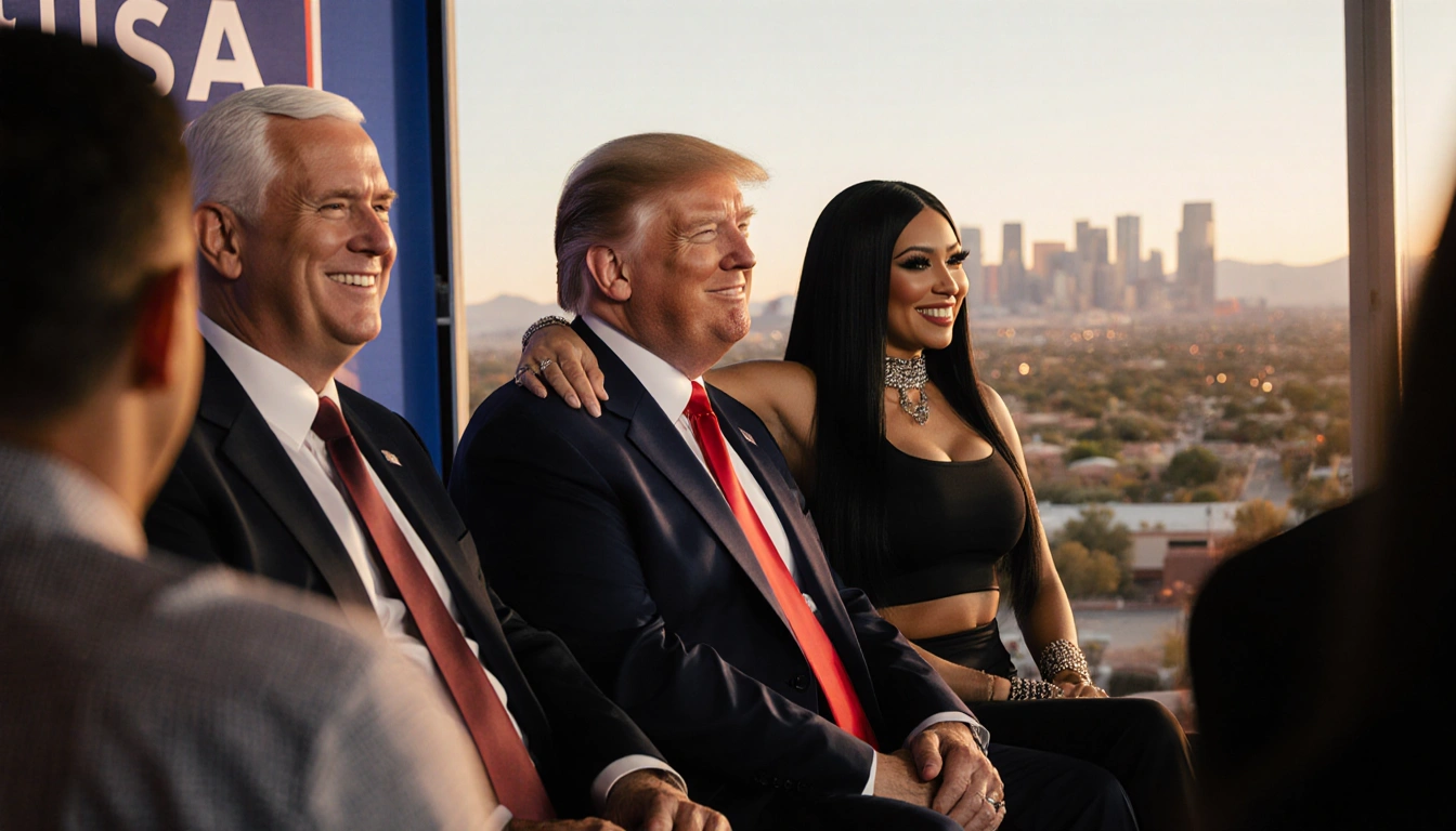 Nicki Minaj stands beside Trump and Pence with her arm around his shoulder with Phoenix skyline behind and warm natural light
