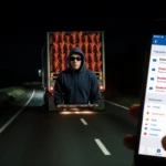 Semi-truck driving down a dim highway at night with a massive lobster load on pallets and a phone showing Costco delivery con