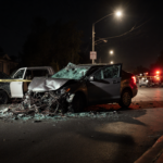 Police officer looking down at a multi-car wreck with shattered headlights at a night intersection