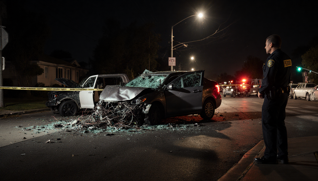 Police officer looking down at a multi-car wreck with shattered headlights at a night intersection