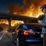 Person looking down at phone with abandoned Tesla sedan and raging Palisades Fire across freeway