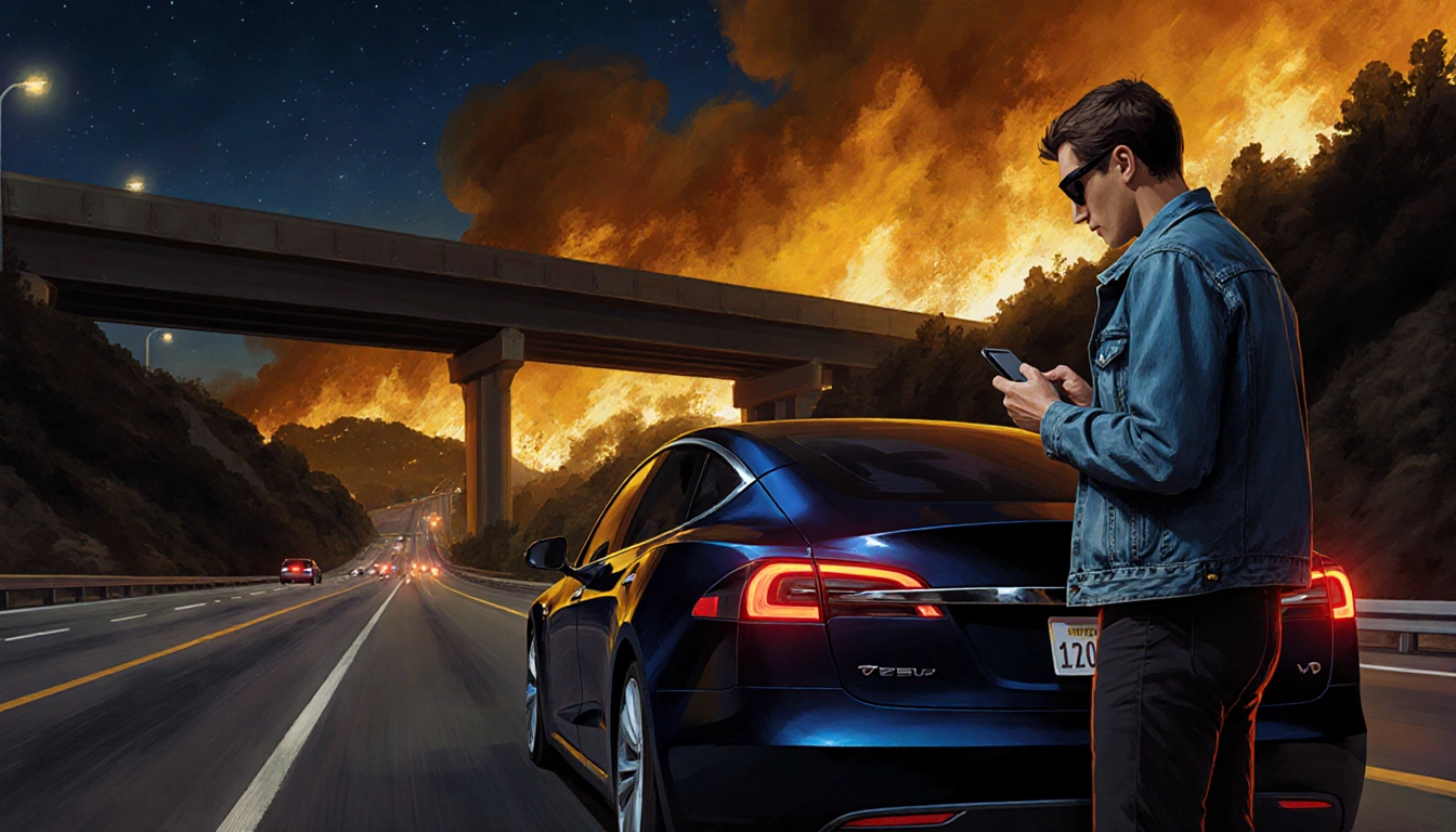Person looking down at phone with abandoned Tesla sedan and raging Palisades Fire across freeway