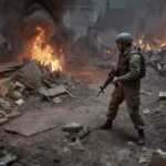 Chatbot typing on laptop with message refusing to create terrorist content displayed