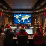 NORAD volunteers tracking Santa with a large screen showing his location on a globe and festive decorations in a control room