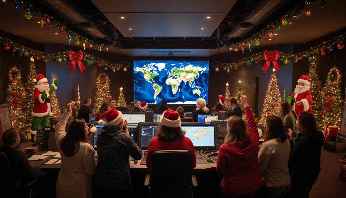 NORAD volunteers tracking Santa with a large screen showing his location on a globe and festive decorations in a control room
