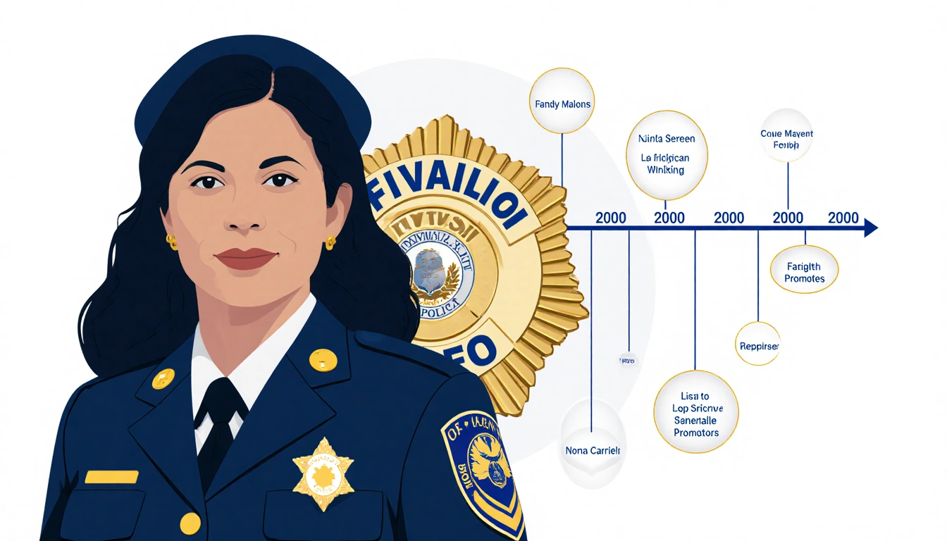 Commander Norma Carrillo standing with police badge and career timeline behind her in navy and gold.