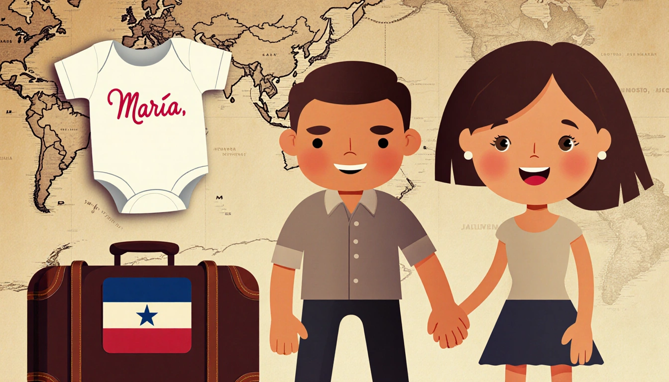 Norman and Alicia holding hands with a suitcase displaying the Honduran flag and a faint baby onesie in background