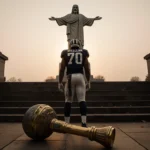 Notre Dame football player standing on stone staircase overlooking golden trophy with Touchdown Jesus in sunset