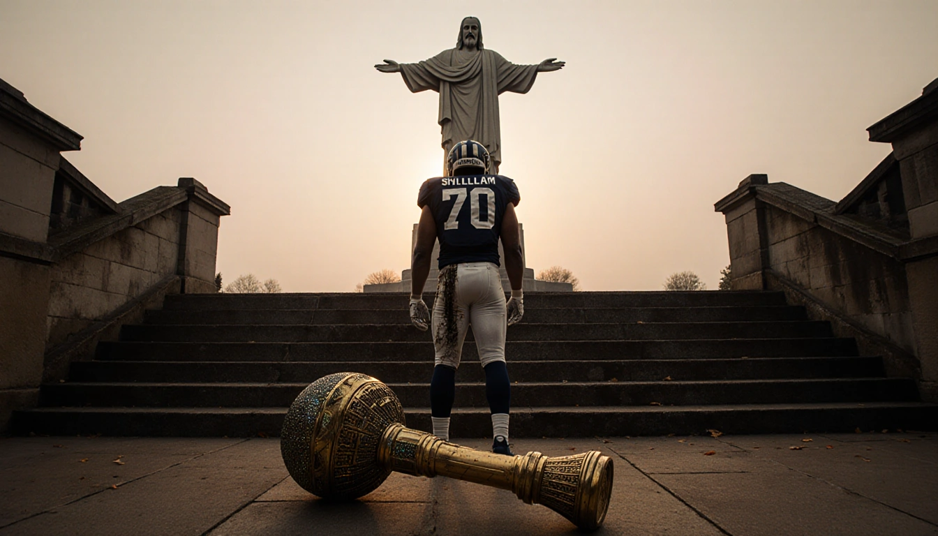 Notre Dame football player standing on stone staircase overlooking golden trophy with Touchdown Jesus in sunset
