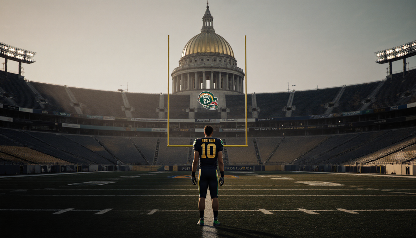 Lone figure in Fighting Irish gear standing on the 50-yard line with Notre Dame Stadium and a dome in the background