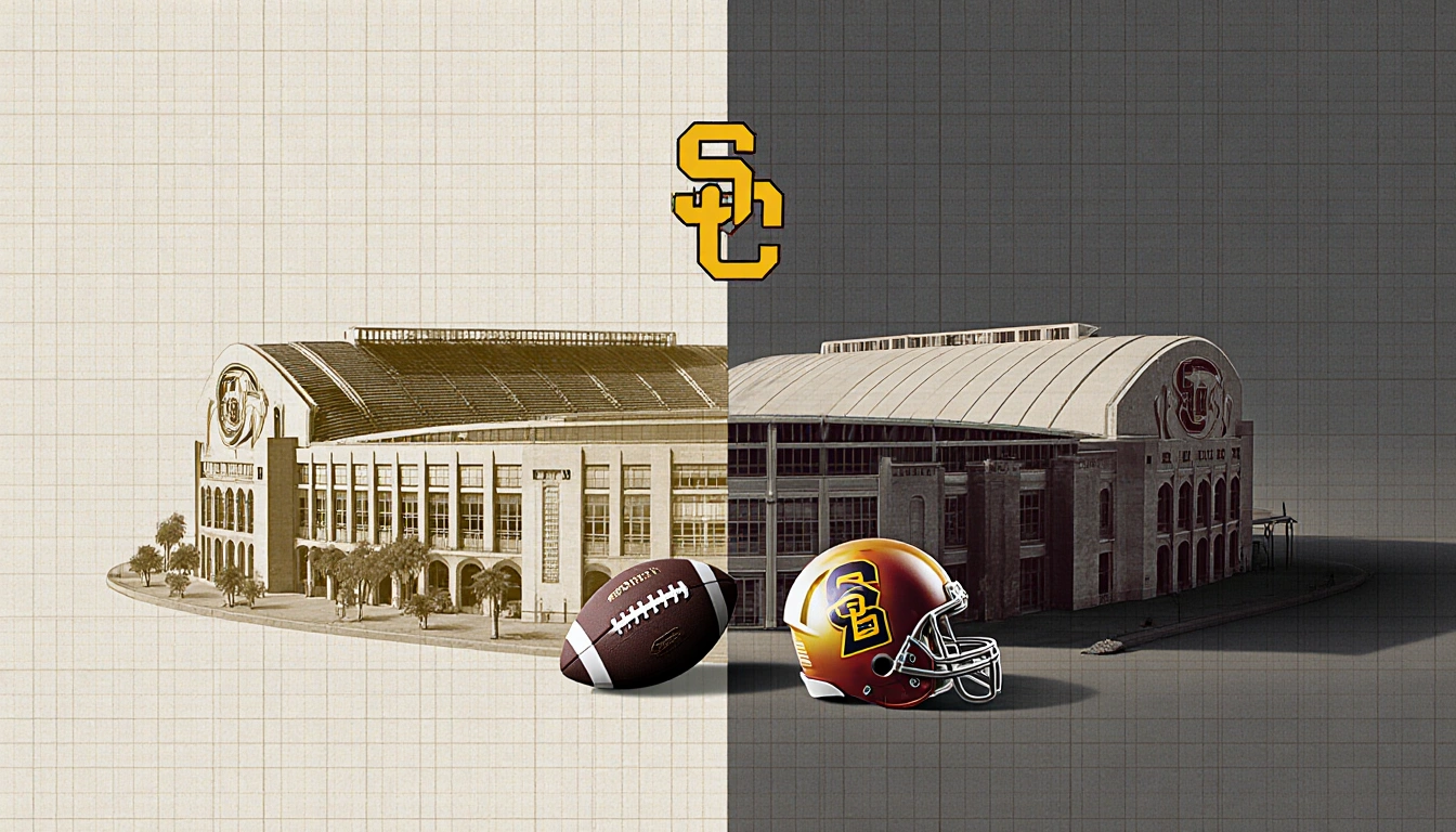 Stadiums split with Notre Dame logo on left and USC logo on right and gold footballs and helmets overlaying a subtle grid