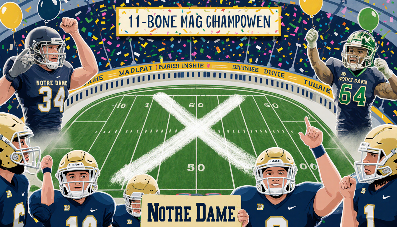 Notre Dame Stadium with X and banner announcing bowl game withdrawn, Irish players holding signs while confetti falls.