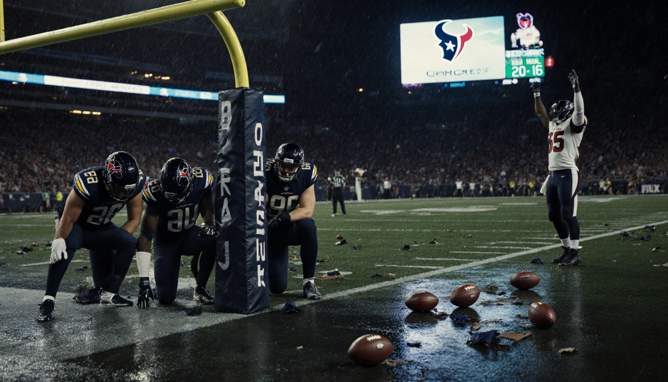Justin Herbert looks dejected with slumped Charger teammates near the goalpost while C.J. Stroud raises arms on Texans side a