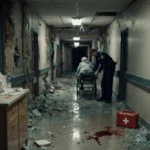 Paramedic lifts injured resident onto stretcher with shattered floor and broken nurse station in basement hallway
