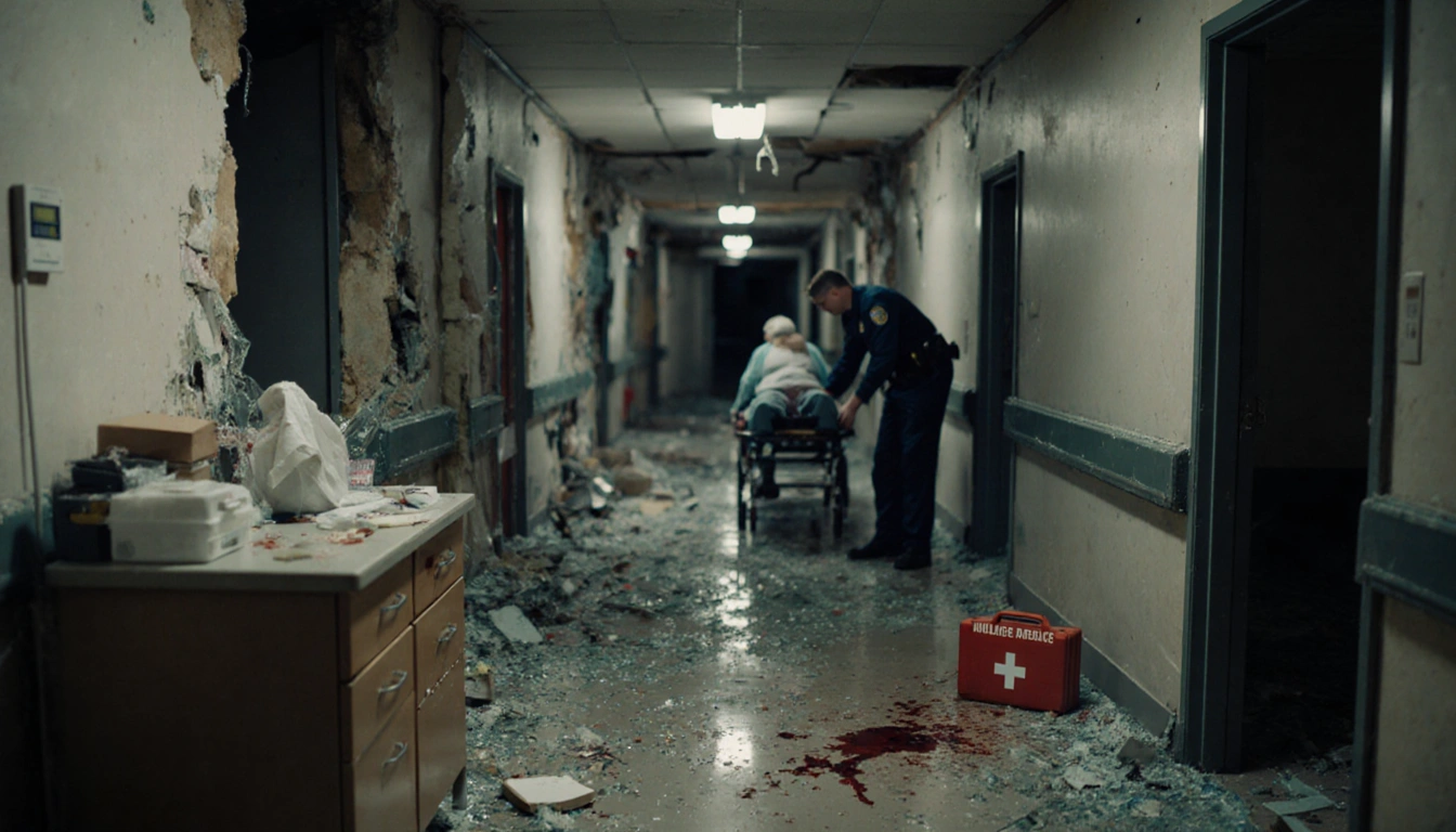 Paramedic lifts injured resident onto stretcher with shattered floor and broken nurse station in basement hallway