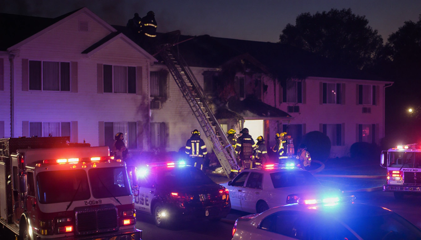 Firefighters rescue patients from nursing home with flashing emergency lights and hazmat gear near police cars