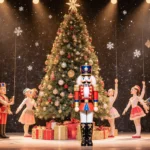 Marionettes performing a Nutcracker show with a large Christmas tree and swirling snowflakes