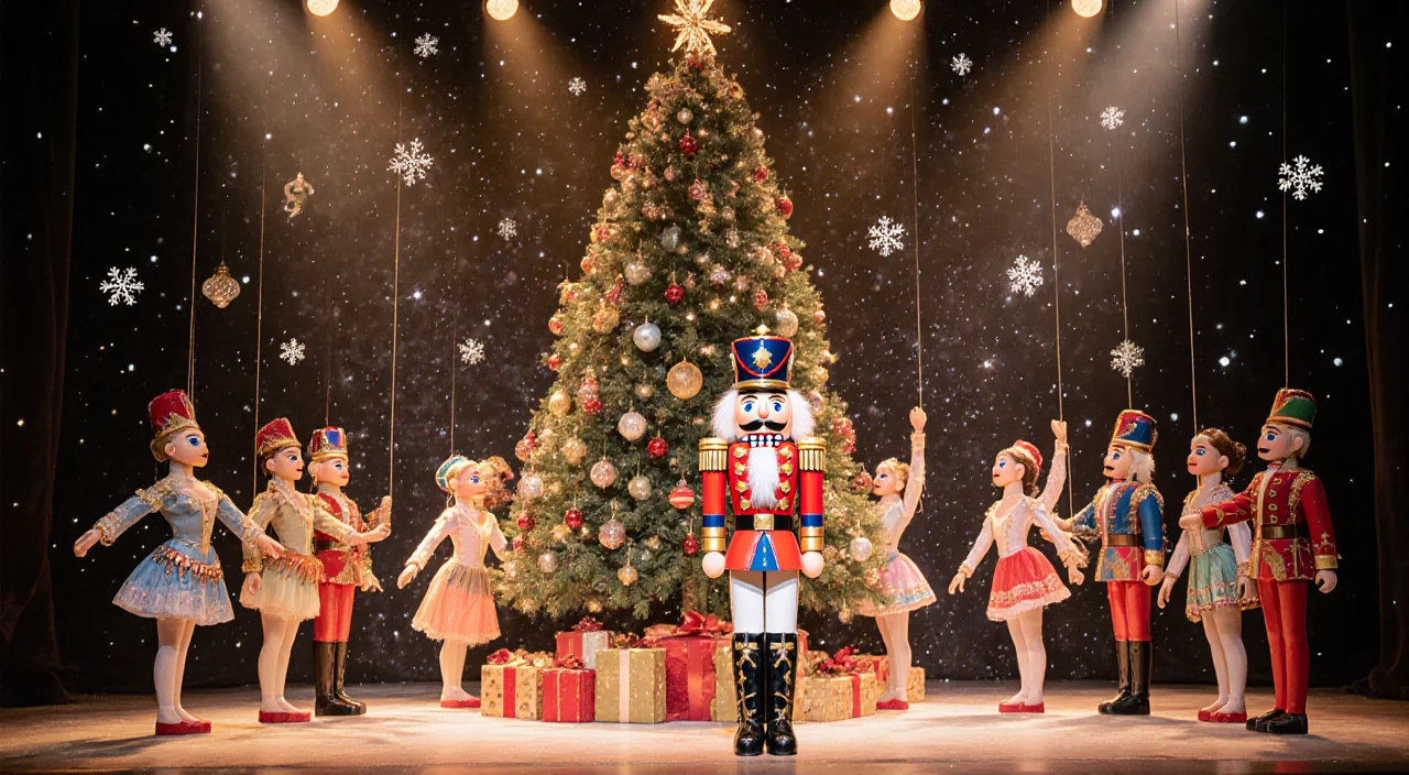 Marionettes performing a Nutcracker show with a large Christmas tree and swirling snowflakes