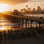 California Guard troops gather near Ocean Beach Pier with golden sunset illuminating wooden pier and ocean