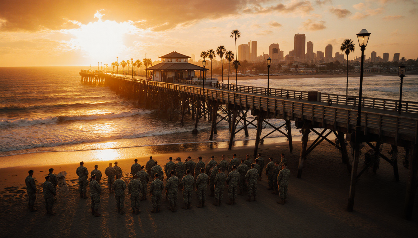 California Guard troops gather near Ocean Beach Pier with golden sunset illuminating wooden pier and ocean