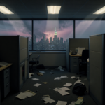 Fluorescent lights flicker over a deserted cubicle with papers drifting and a city skyline evoking foreboding.
