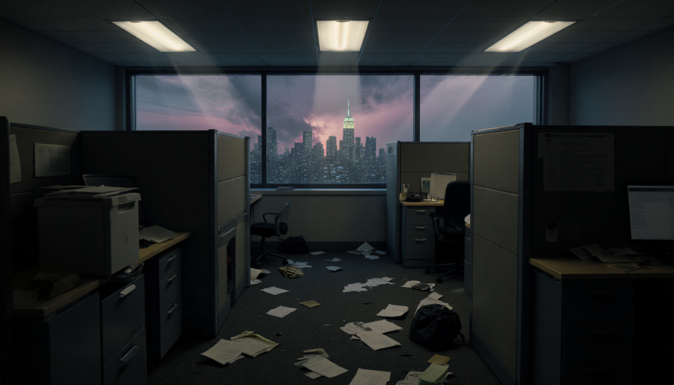 Fluorescent lights flicker over a deserted cubicle with papers drifting and a city skyline evoking foreboding.
