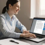 Office worker smiles dictating to AI app on laptop with coffee cup and natural light from window