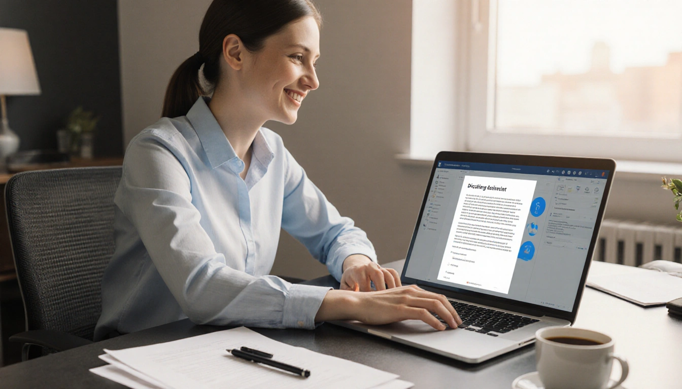 Office worker smiles dictating to AI app on laptop with coffee cup and natural light from window