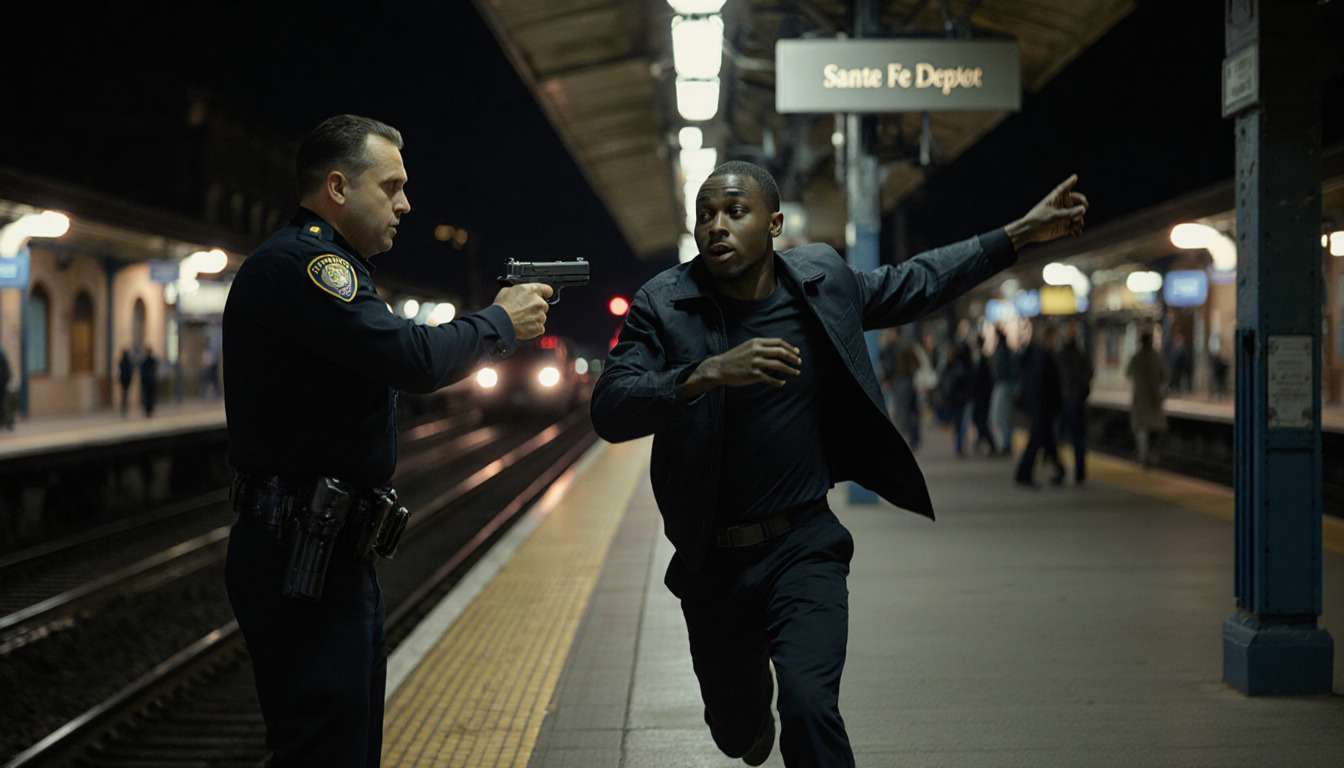 Officer Gold pointing a gun at fleeing Wilson with dimly lit train station backdrop