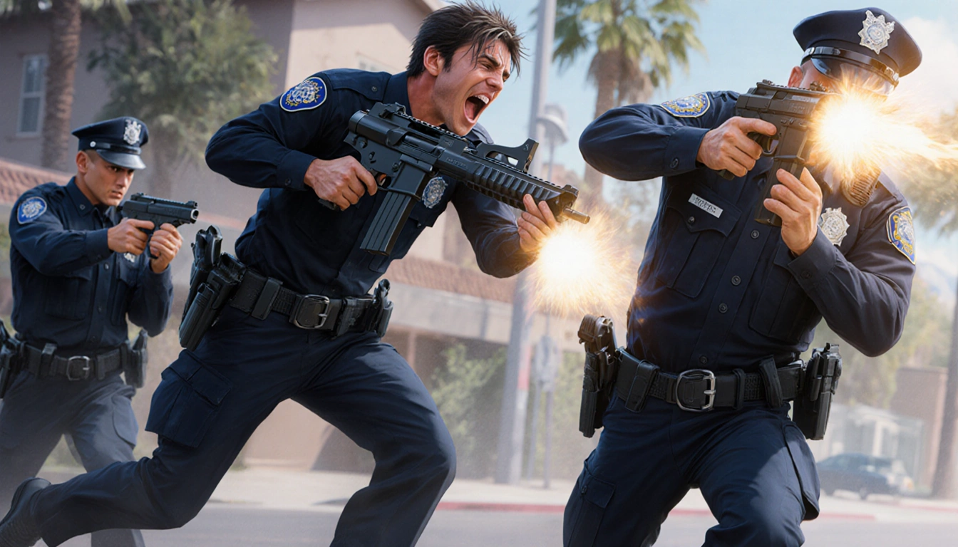 Suspect fleeing toward officers with frantic arm-wielding pose and chaotic face as guns fire in blurred Burbank background.