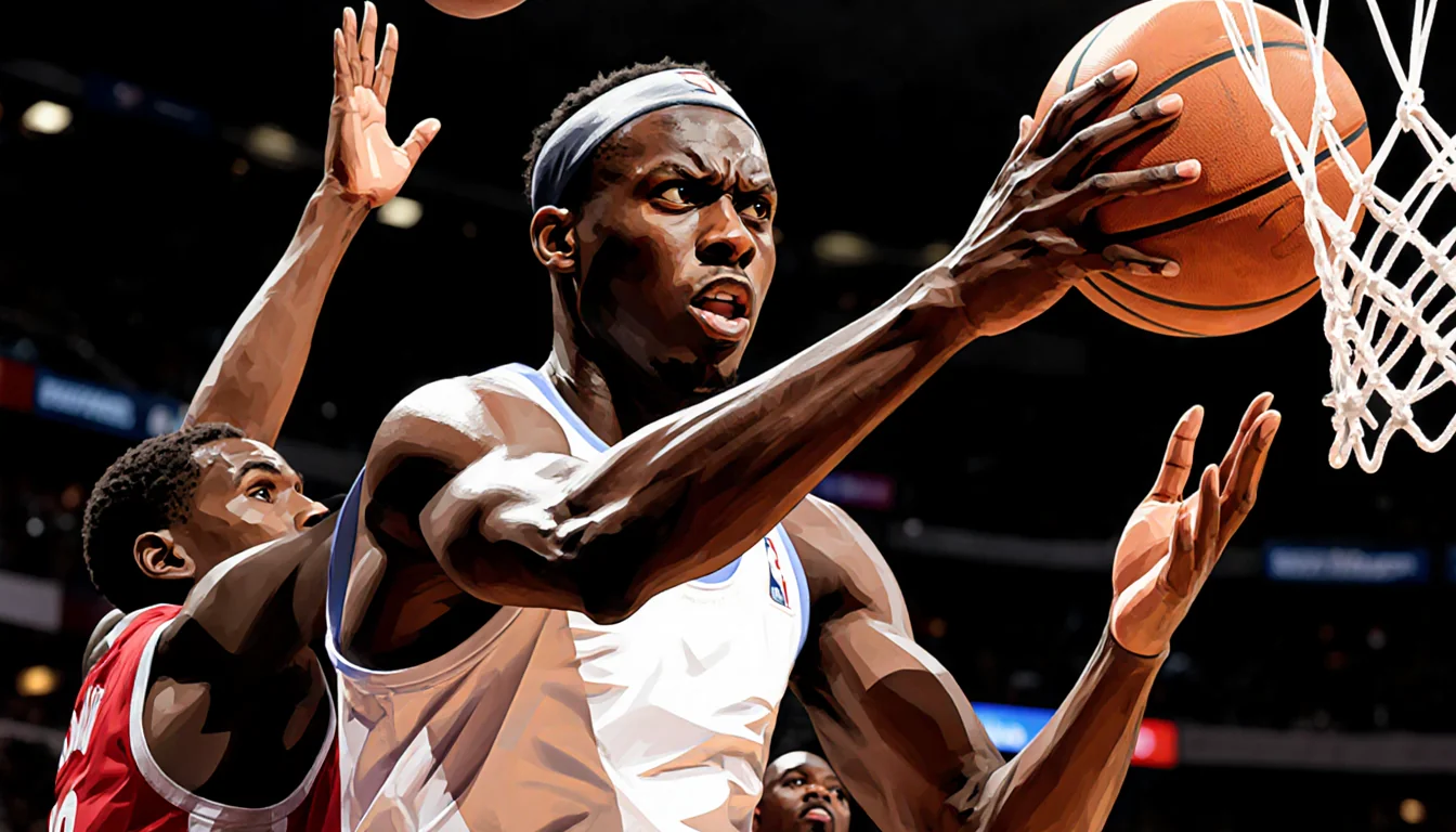 OG Anunoby defends with hands raised and eyes fixed as Wembanyama shoots in NBA game
