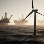 Wind turbine standing idle with frozen rotor arms against misty oil rigs and calm sea