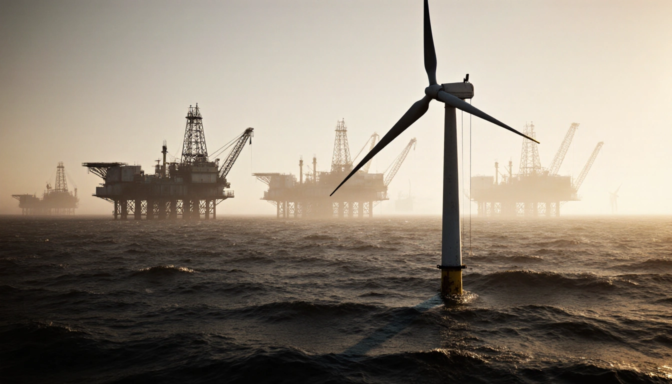 Wind turbine standing idle with frozen rotor arms against misty oil rigs and calm sea