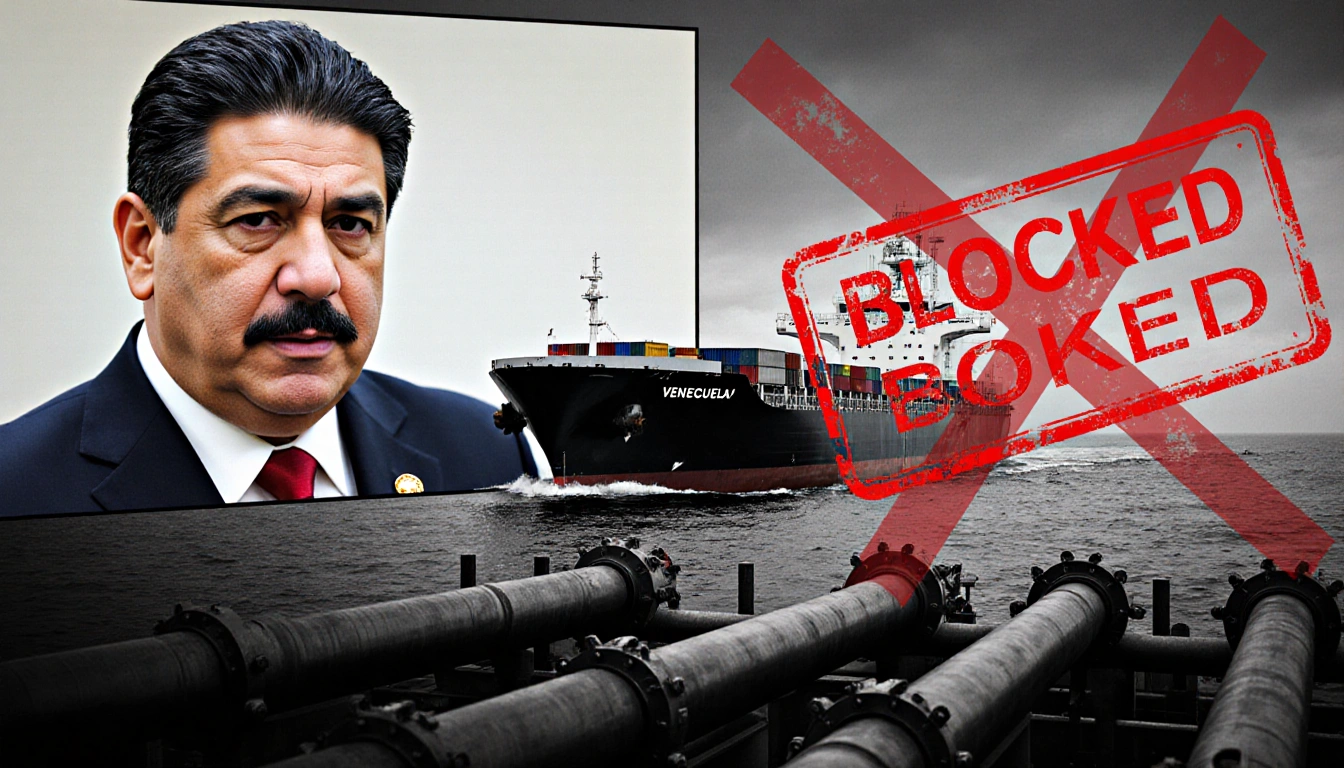 U.S. Coast Guard seizes oil tanker with Maduro face on monitor and red blockade stamp overlaying vessel