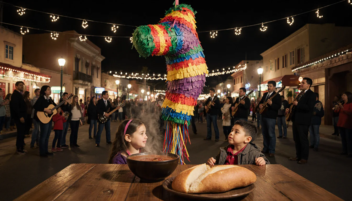 Families gathering around a colorful piñata during Las Posadas with a steaming bowl of champurrado and bread