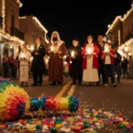 Shattered piñata lies on street with candy spilling and confetti while children hold candles beside glowing lights